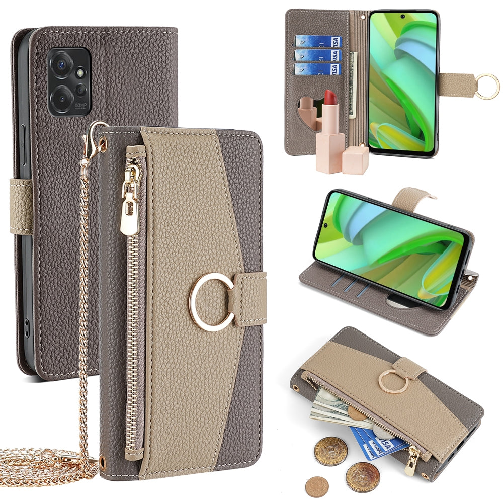 Motorola Moto G Power 2023 Crossbody Phone Case with Litchi Texture Leather, Adjustable Kickstand, Card Slots, Zipper Purse, Makeup Mirror, and TPU Protection