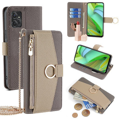 Motorola Moto G Power 2023 Crossbody Phone Case with Litchi Texture Leather, Adjustable Kickstand, Card Slots, Zipper Purse, Makeup Mirror, and TPU Protection