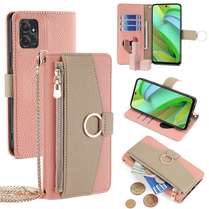 Motorola Moto G Power 2023 Crossbody Phone Case with Litchi Texture Leather, Adjustable Kickstand, Card Slots, Zipper Purse, Makeup Mirror, and TPU Protection