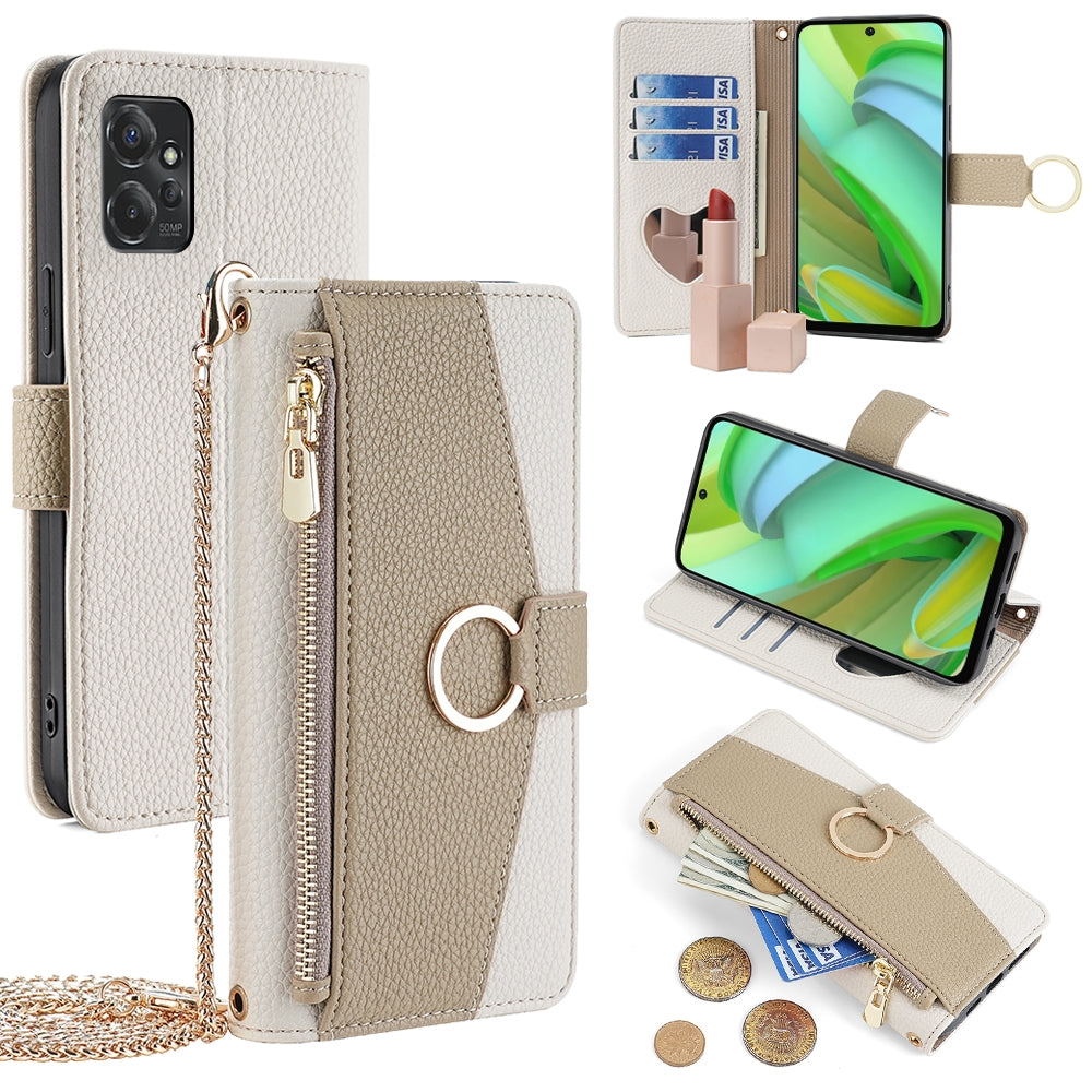 Motorola Moto G Power 2023 Crossbody Phone Case with Litchi Texture Leather, Adjustable Kickstand, Card Slots, Zipper Purse, Makeup Mirror, and TPU Protection
