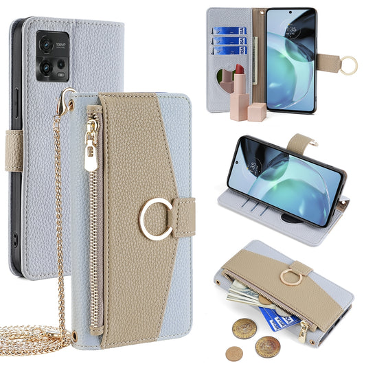 Motorola Moto G72 4G Crossbody Phone Case with Litchi Texture Leather, Adjustable Kickstand, Card Slots, Zipper Purse, Makeup Mirror, and TPU Protection