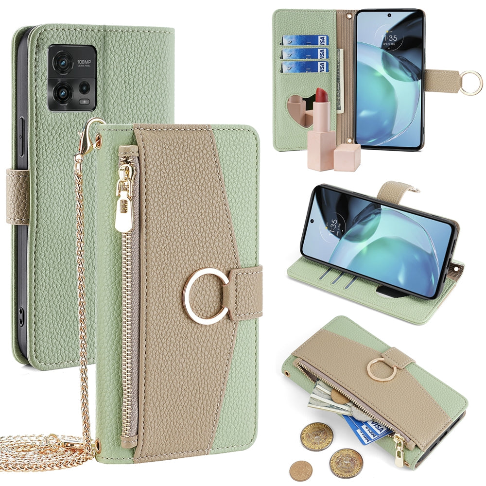 Motorola Moto G72 4G Crossbody Phone Case with Litchi Texture Leather, Adjustable Kickstand, Card Slots, Zipper Purse, Makeup Mirror, and TPU Protection