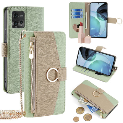Motorola Moto G72 4G Crossbody Phone Case with Litchi Texture Leather, Adjustable Kickstand, Card Slots, Zipper Purse, Makeup Mirror, and TPU Protection