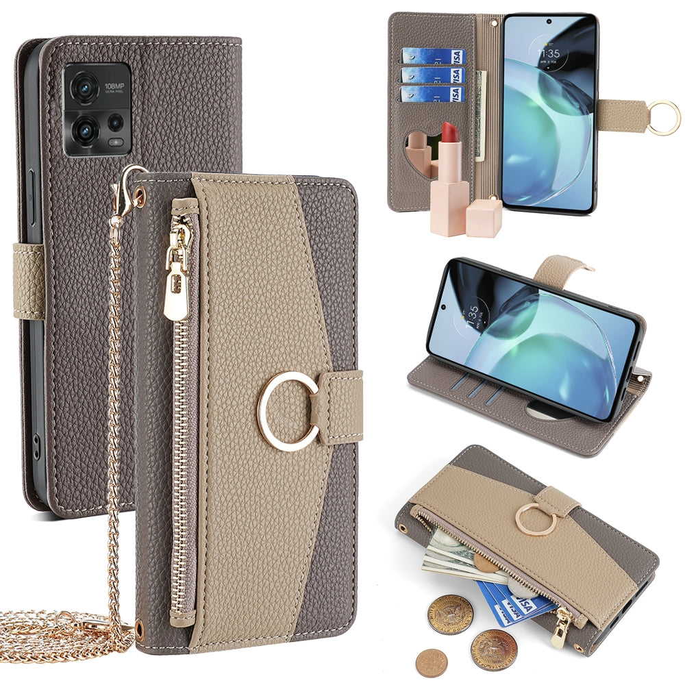Motorola Moto G72 4G Crossbody Phone Case with Litchi Texture Leather, Adjustable Kickstand, Card Slots, Zipper Purse, Makeup Mirror, and TPU Protection