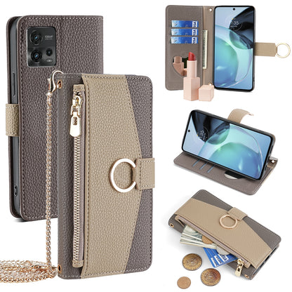 Motorola Moto G72 4G Crossbody Phone Case with Litchi Texture Leather, Adjustable Kickstand, Card Slots, Zipper Purse, Makeup Mirror, and TPU Protection