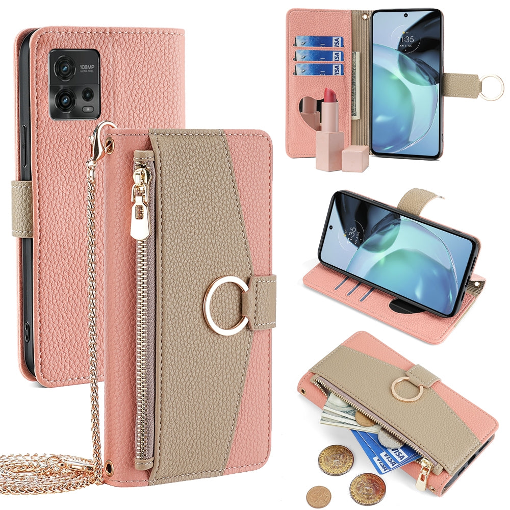 Motorola Moto G72 4G Crossbody Phone Case with Litchi Texture Leather, Adjustable Kickstand, Card Slots, Zipper Purse, Makeup Mirror, and TPU Protection
