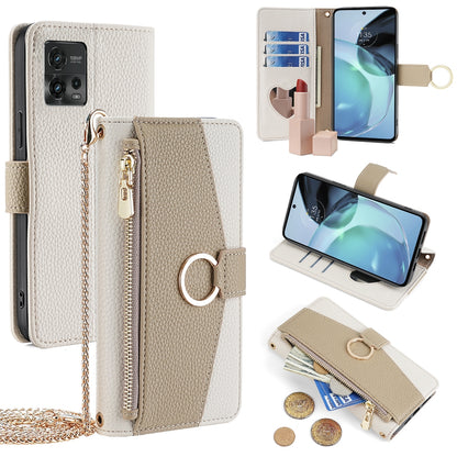 Motorola Moto G72 4G Crossbody Phone Case with Litchi Texture Leather, Adjustable Kickstand, Card Slots, Zipper Purse, Makeup Mirror, and TPU Protection
