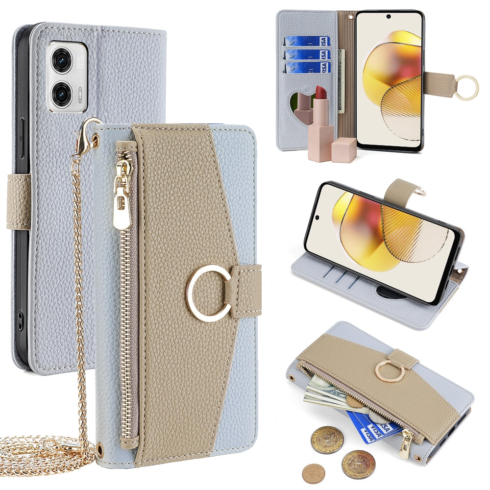 Motorola Moto G73 5G Crossbody Phone Case with Litchi Texture Leather, Adjustable Kickstand, Card Slots, Zipper Purse, Makeup Mirror, and TPU Protection