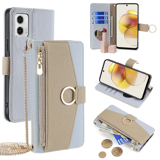 Motorola Moto G73 5G Crossbody Phone Case with Litchi Texture Leather, Adjustable Kickstand, Card Slots, Zipper Purse, Makeup Mirror, and TPU Protection