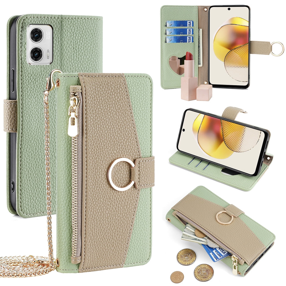 Motorola Moto G73 5G Crossbody Phone Case with Litchi Texture Leather, Adjustable Kickstand, Card Slots, Zipper Purse, Makeup Mirror, and TPU Protection