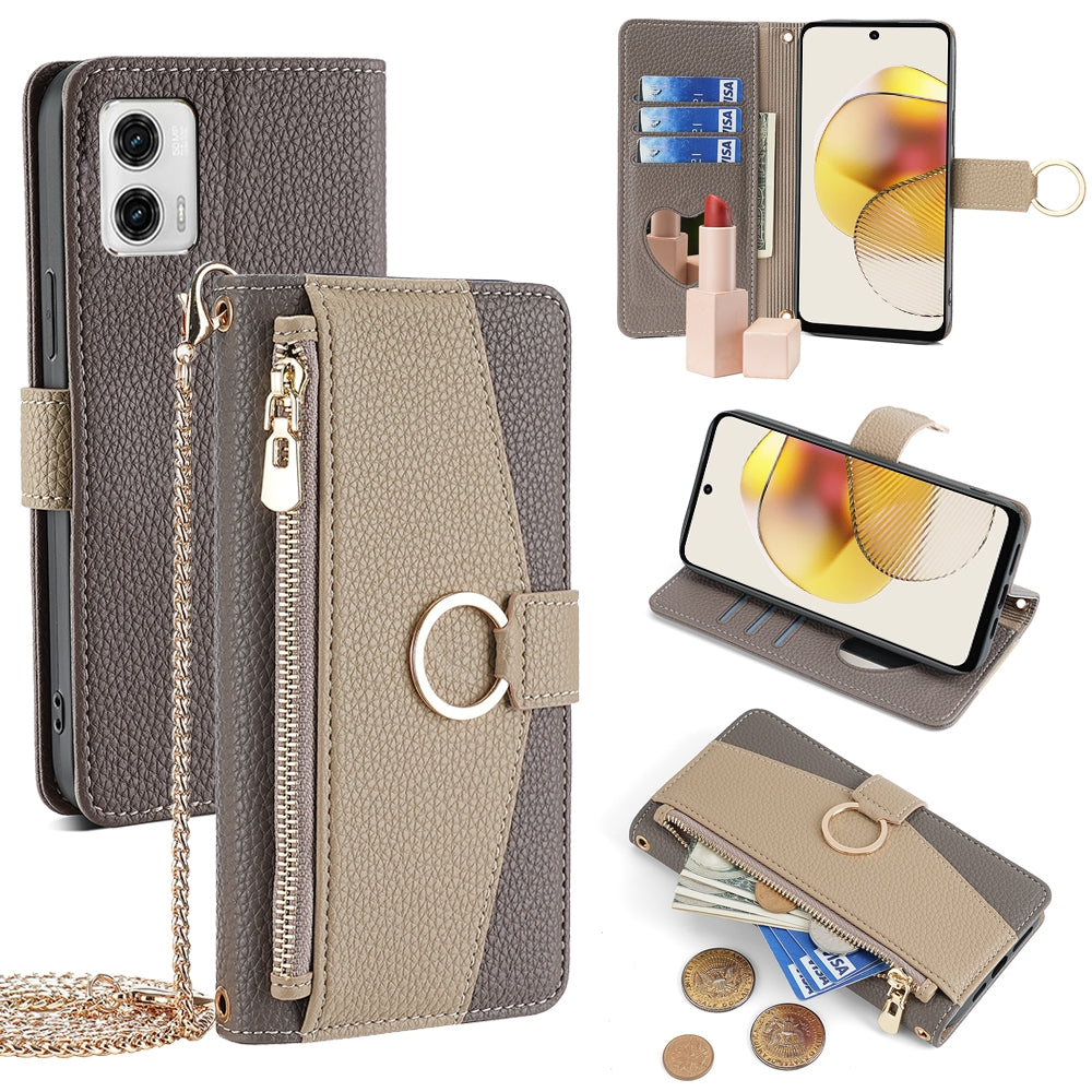 Motorola Moto G73 5G Crossbody Phone Case with Litchi Texture Leather, Adjustable Kickstand, Card Slots, Zipper Purse, Makeup Mirror, and TPU Protection