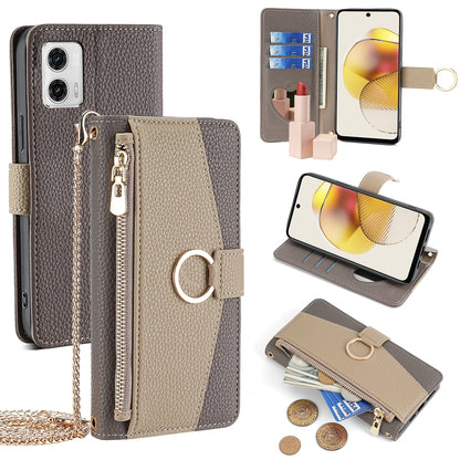 Motorola Moto G73 5G Crossbody Phone Case with Litchi Texture Leather, Adjustable Kickstand, Card Slots, Zipper Purse, Makeup Mirror, and TPU Protection