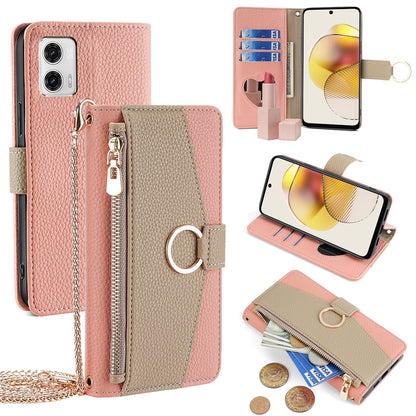 Motorola Moto G73 5G Crossbody Phone Case with Litchi Texture Leather, Adjustable Kickstand, Card Slots, Zipper Purse, Makeup Mirror, and TPU Protection