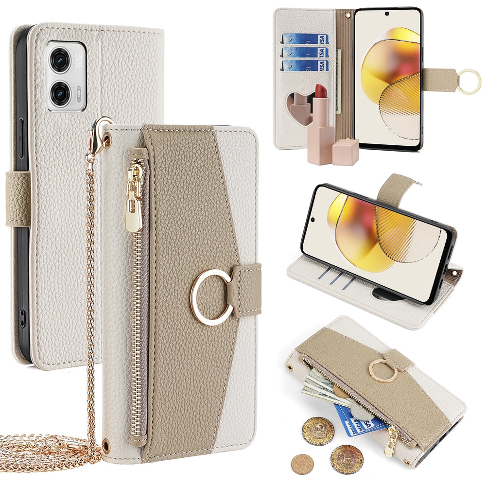 Motorola Moto G73 5G Crossbody Phone Case with Litchi Texture Leather, Adjustable Kickstand, Card Slots, Zipper Purse, Makeup Mirror, and TPU Protection
