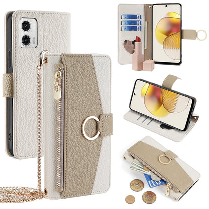 Motorola Moto G73 5G Crossbody Phone Case with Litchi Texture Leather, Adjustable Kickstand, Card Slots, Zipper Purse, Makeup Mirror, and TPU Protection