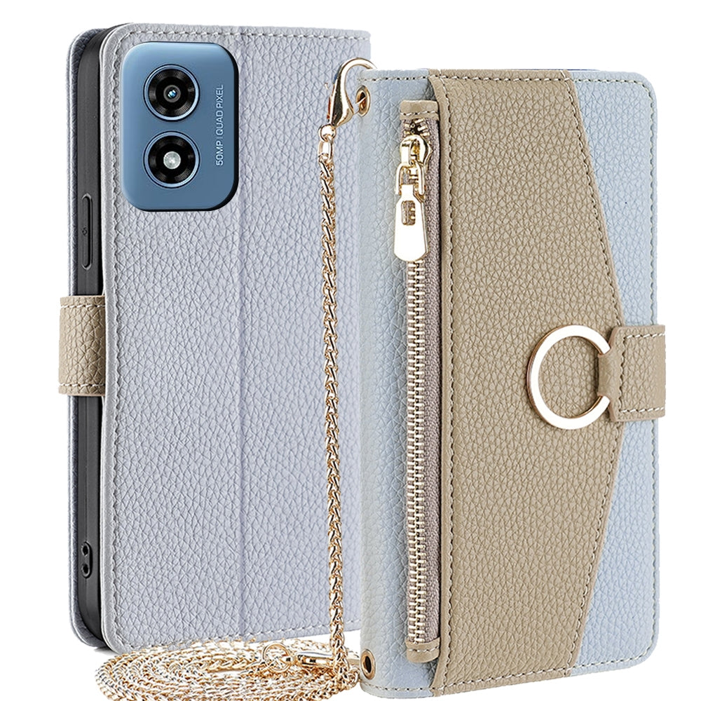 Motorola Moto G Play 4G 2024 Crossbody Phone Case with Litchi Texture Leather, Adjustable Kickstand, Card Slots, Zipper Purse, Makeup Mirror, and TPU Protection