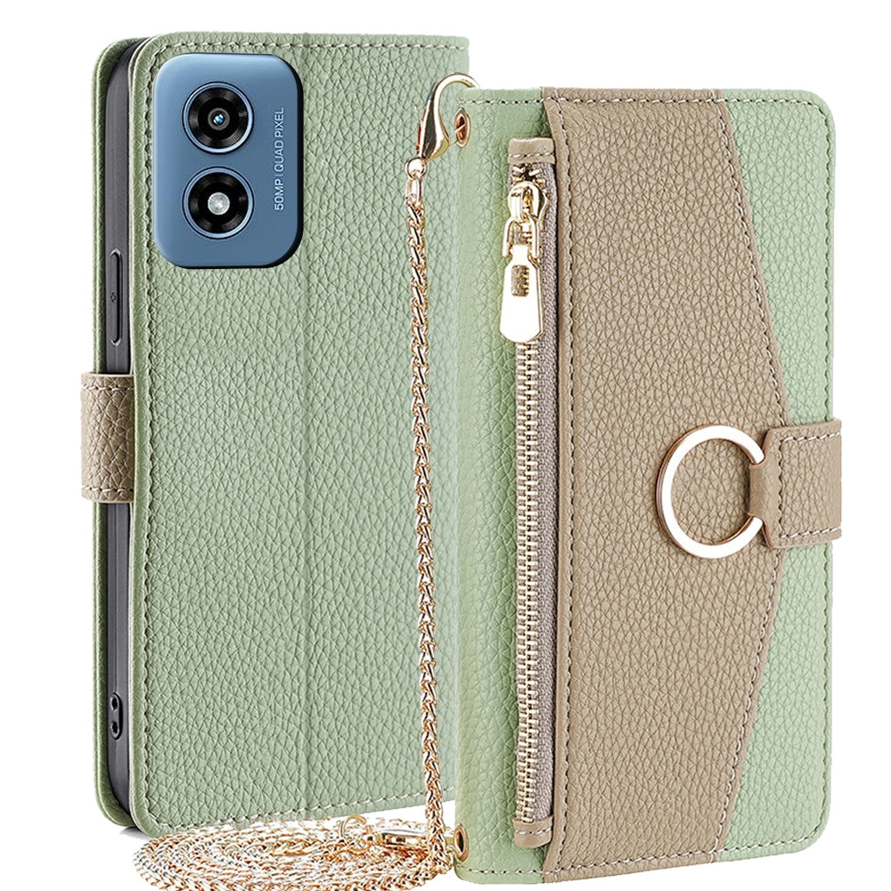 Motorola Moto G Play 4G 2024 Crossbody Phone Case with Litchi Texture Leather, Adjustable Kickstand, Card Slots, Zipper Purse, Makeup Mirror, and TPU Protection
