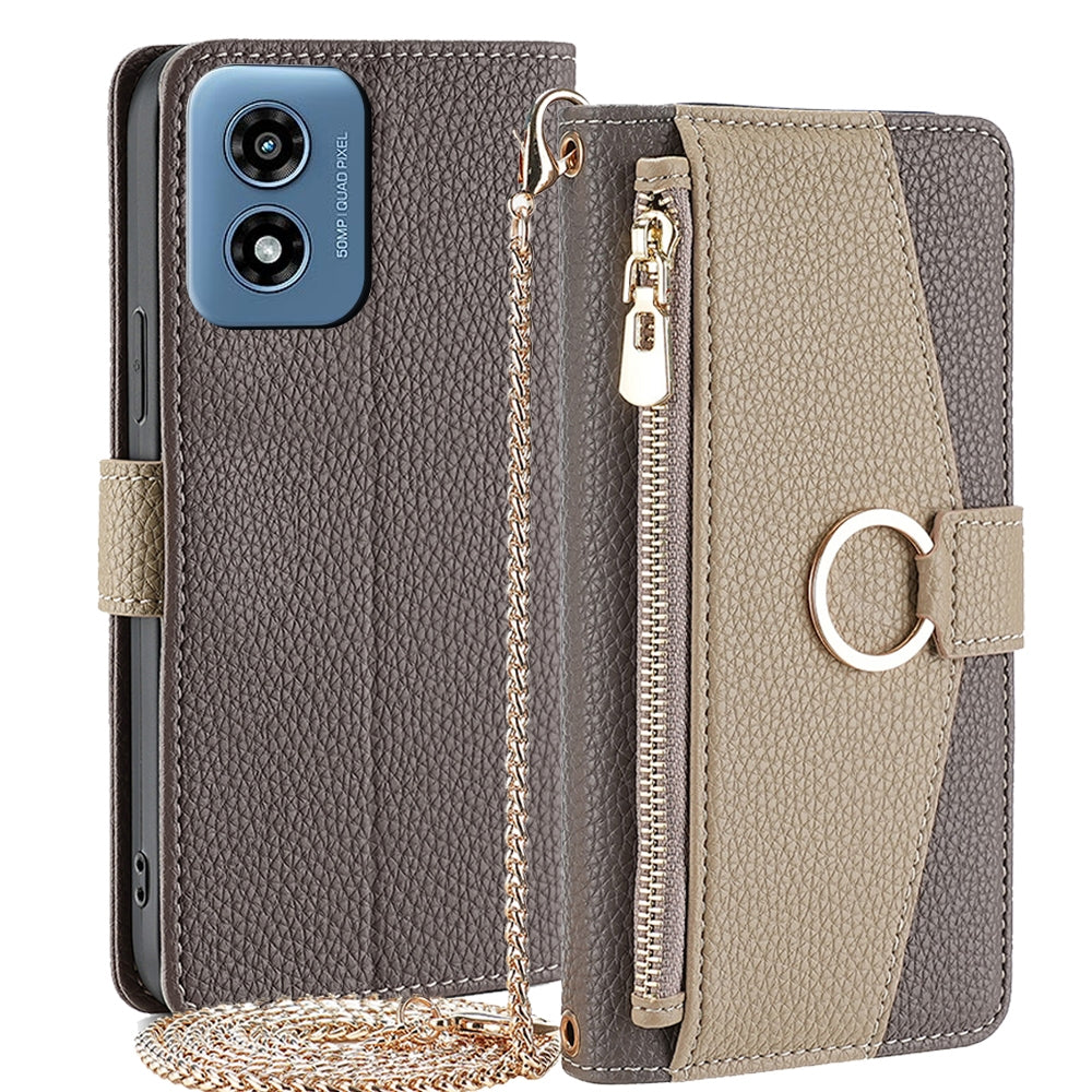 Motorola Moto G Play 4G 2024 Crossbody Phone Case with Litchi Texture Leather, Adjustable Kickstand, Card Slots, Zipper Purse, Makeup Mirror, and TPU Protection
