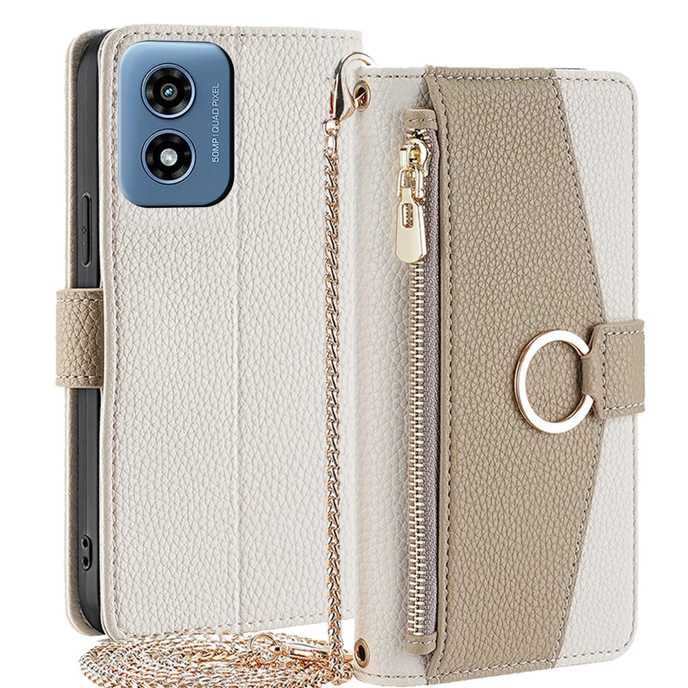 Motorola Moto G Play 4G 2024 Crossbody Phone Case with Litchi Texture Leather, Adjustable Kickstand, Card Slots, Zipper Purse, Makeup Mirror, and TPU Protection
