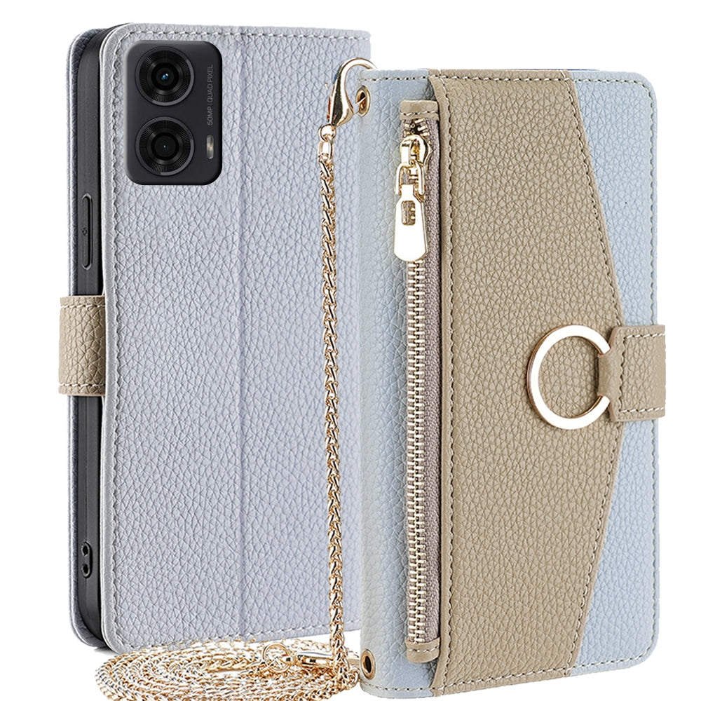 Motorola Moto G24 4G Crossbody Phone Case with Litchi Texture Leather, Adjustable Kickstand, Card Slots, Zipper Purse, Makeup Mirror, and TPU Protection