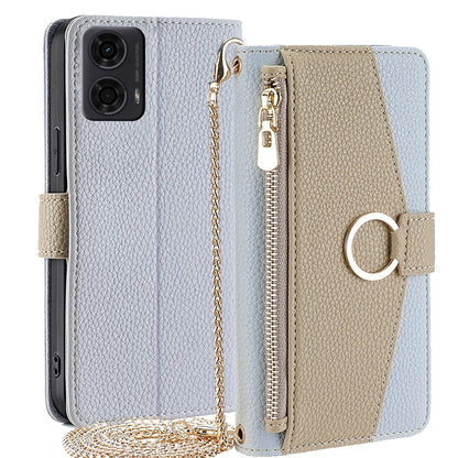 Motorola Moto G24 4G Crossbody Phone Case with Litchi Texture Leather, Adjustable Kickstand, Card Slots, Zipper Purse, Makeup Mirror, and TPU Protection