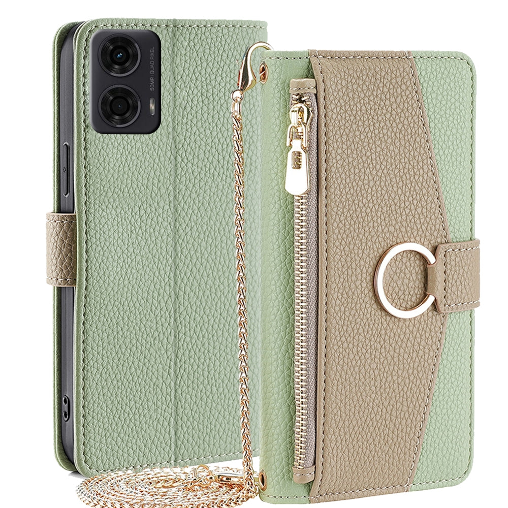 Motorola Moto G24 4G Crossbody Phone Case with Litchi Texture Leather, Adjustable Kickstand, Card Slots, Zipper Purse, Makeup Mirror, and TPU Protection