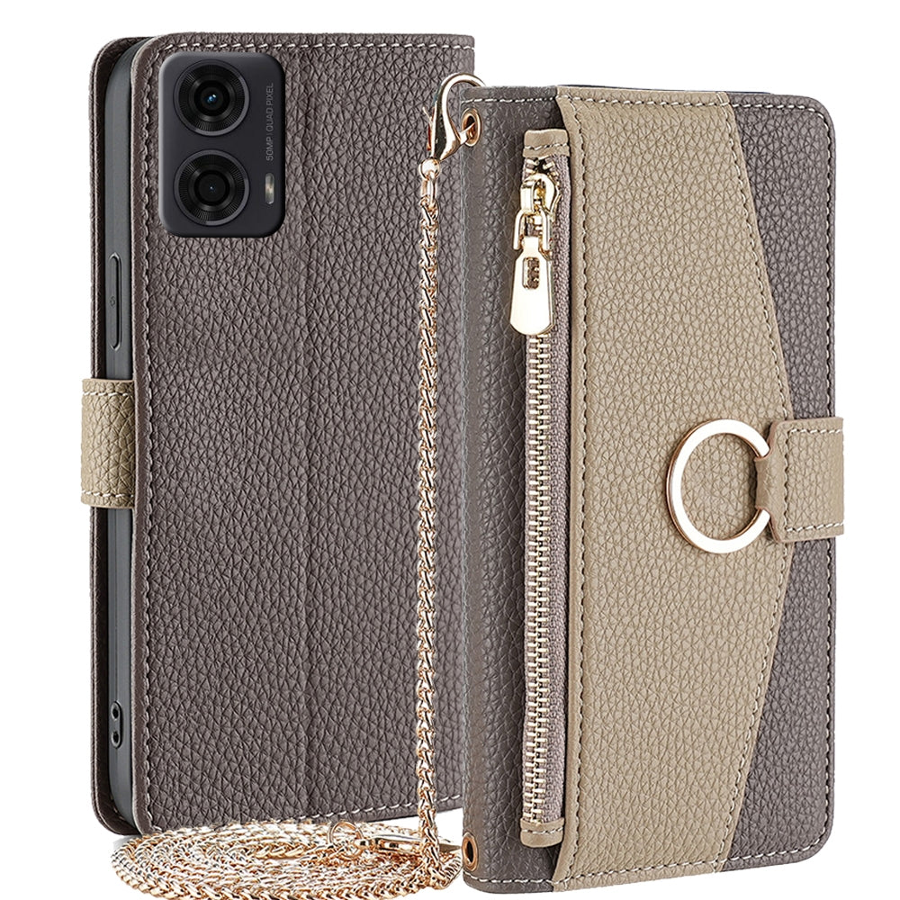 Motorola Moto G24 4G Crossbody Phone Case with Litchi Texture Leather, Adjustable Kickstand, Card Slots, Zipper Purse, Makeup Mirror, and TPU Protection
