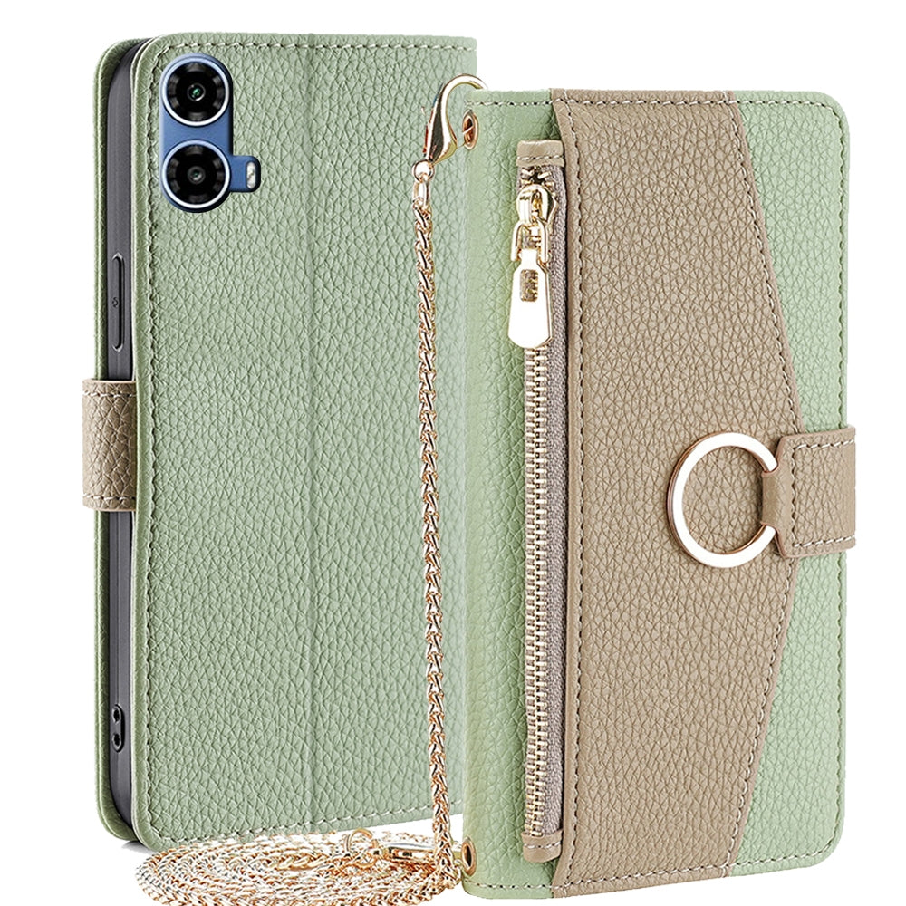 Motorola Moto G34 5G Crossbody Phone Case with Litchi Texture Leather, Adjustable Kickstand, Card Slots, Zipper Purse, Makeup Mirror, and TPU Protection