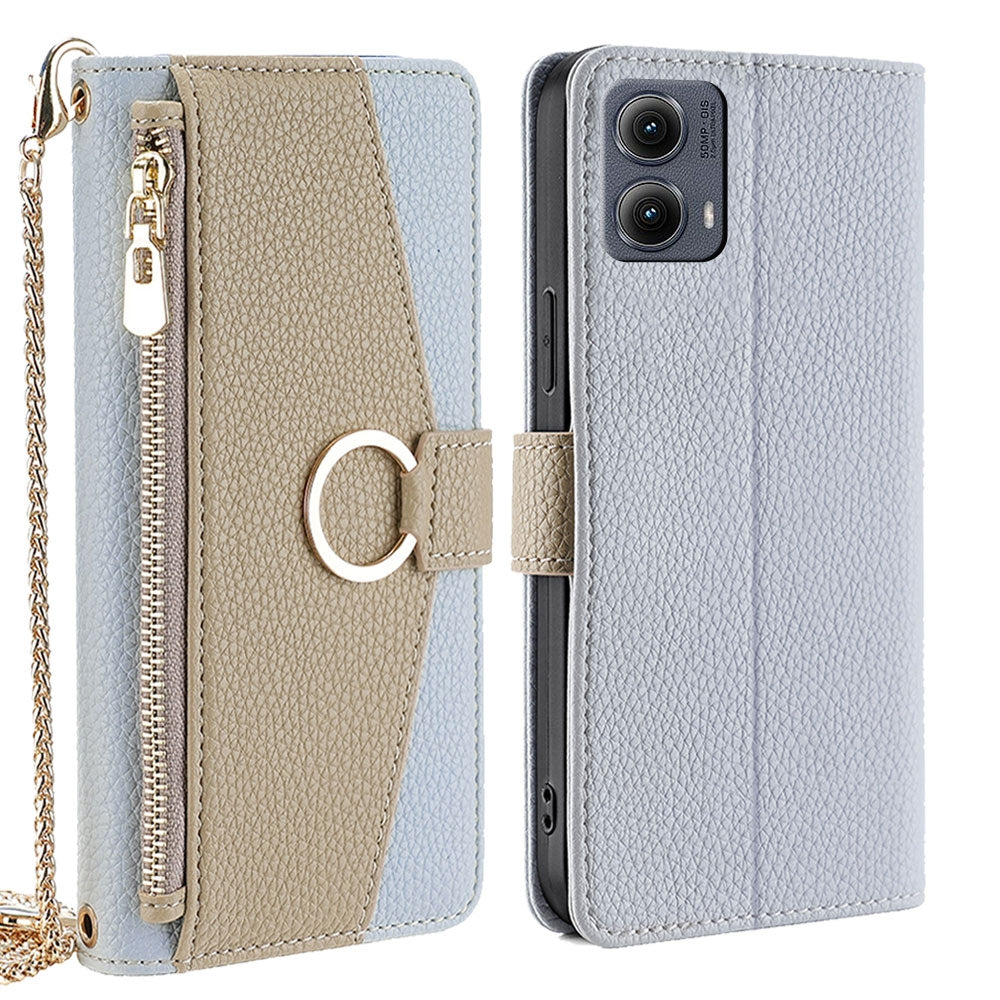 Motorola Edge 5G 2024 Crossbody Phone Case with Litchi Texture Leather, Adjustable Kickstand, Card Slots, Zipper Purse, Makeup Mirror, and TPU Protection