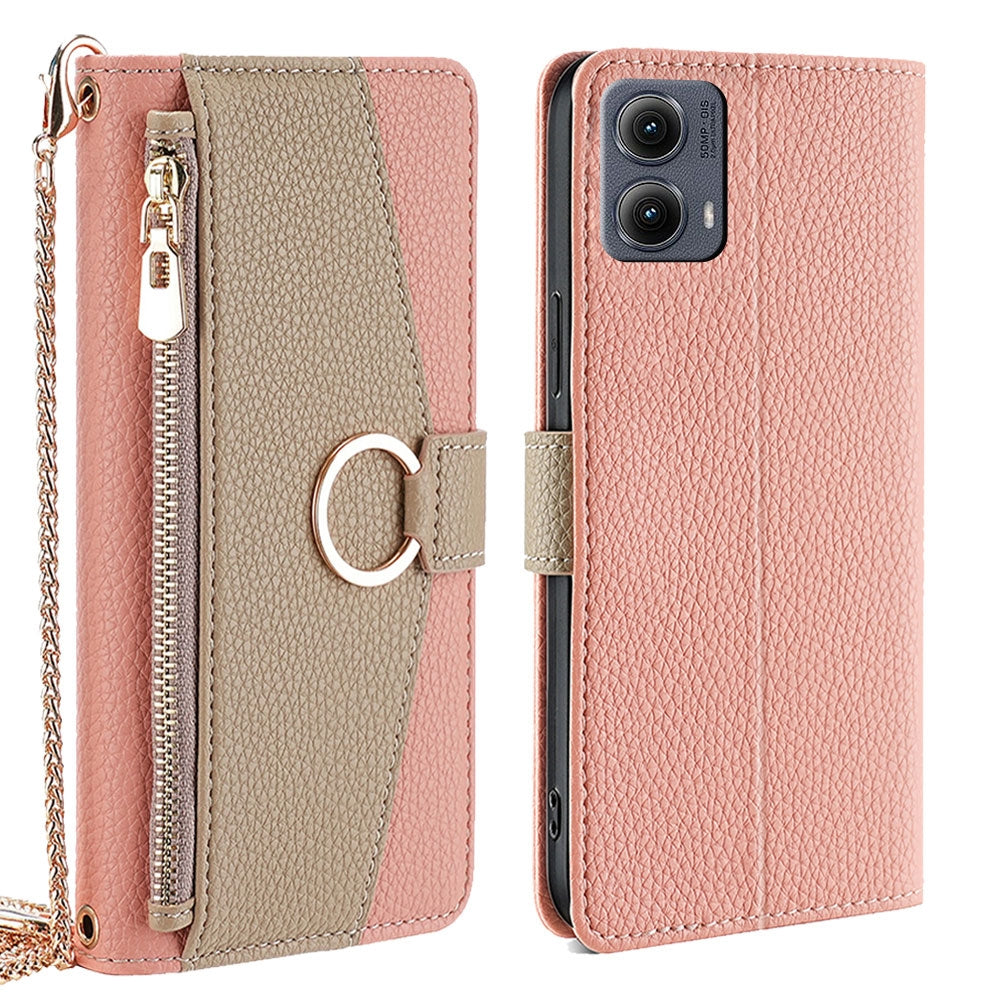 Motorola Edge 5G 2024 Crossbody Phone Case with Litchi Texture Leather, Adjustable Kickstand, Card Slots, Zipper Purse, Makeup Mirror, and TPU Protection