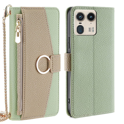 Motorola Edge 50 Ultra Crossbody Phone Case with Litchi Texture Leather, Adjustable Kickstand, Card Slots, Zipper Purse, Makeup Mirror, and TPU Protection