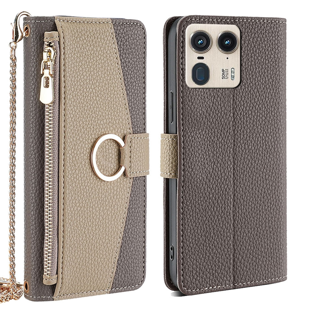 Motorola Edge 50 Ultra Crossbody Phone Case with Litchi Texture Leather, Adjustable Kickstand, Card Slots, Zipper Purse, Makeup Mirror, and TPU Protection