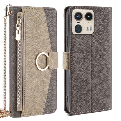Motorola Edge 50 Ultra Crossbody Phone Case with Litchi Texture Leather, Adjustable Kickstand, Card Slots, Zipper Purse, Makeup Mirror, and TPU Protection