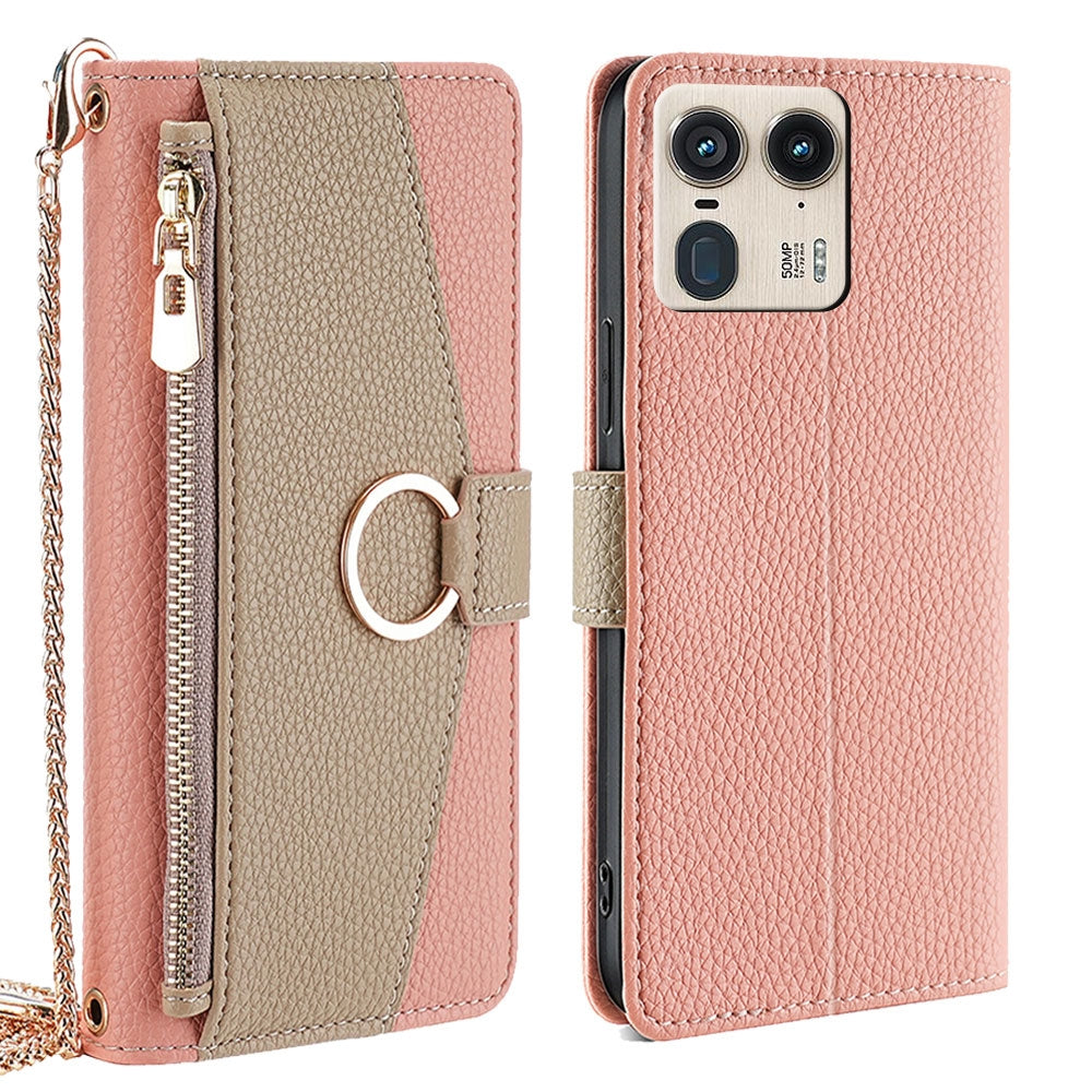 Motorola Edge 50 Ultra Crossbody Phone Case with Litchi Texture Leather, Adjustable Kickstand, Card Slots, Zipper Purse, Makeup Mirror, and TPU Protection