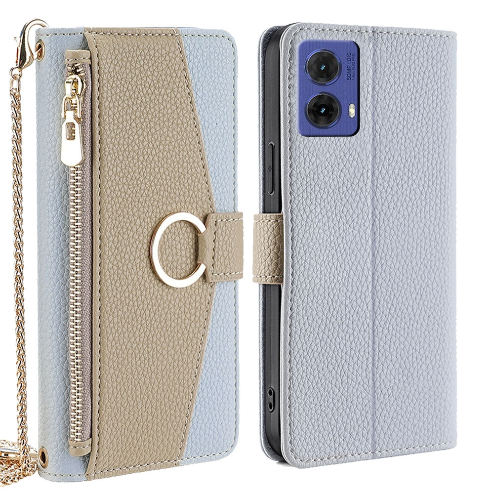 Motorola Moto G85 5G Crossbody Phone Case with Litchi Texture Leather, Adjustable Kickstand, Card Slots, Zipper Purse, Makeup Mirror, and TPU Protection