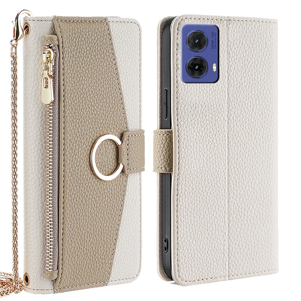 Motorola Moto G85 5G Crossbody Phone Case with Litchi Texture Leather, Adjustable Kickstand, Card Slots, Zipper Purse, Makeup Mirror, and TPU Protection