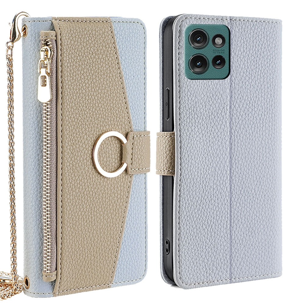 Motorola Edge 50 5G Crossbody Phone Case with Litchi Texture Leather, Adjustable Kickstand, Card Slots, Zipper Purse, Makeup Mirror, and TPU Protection