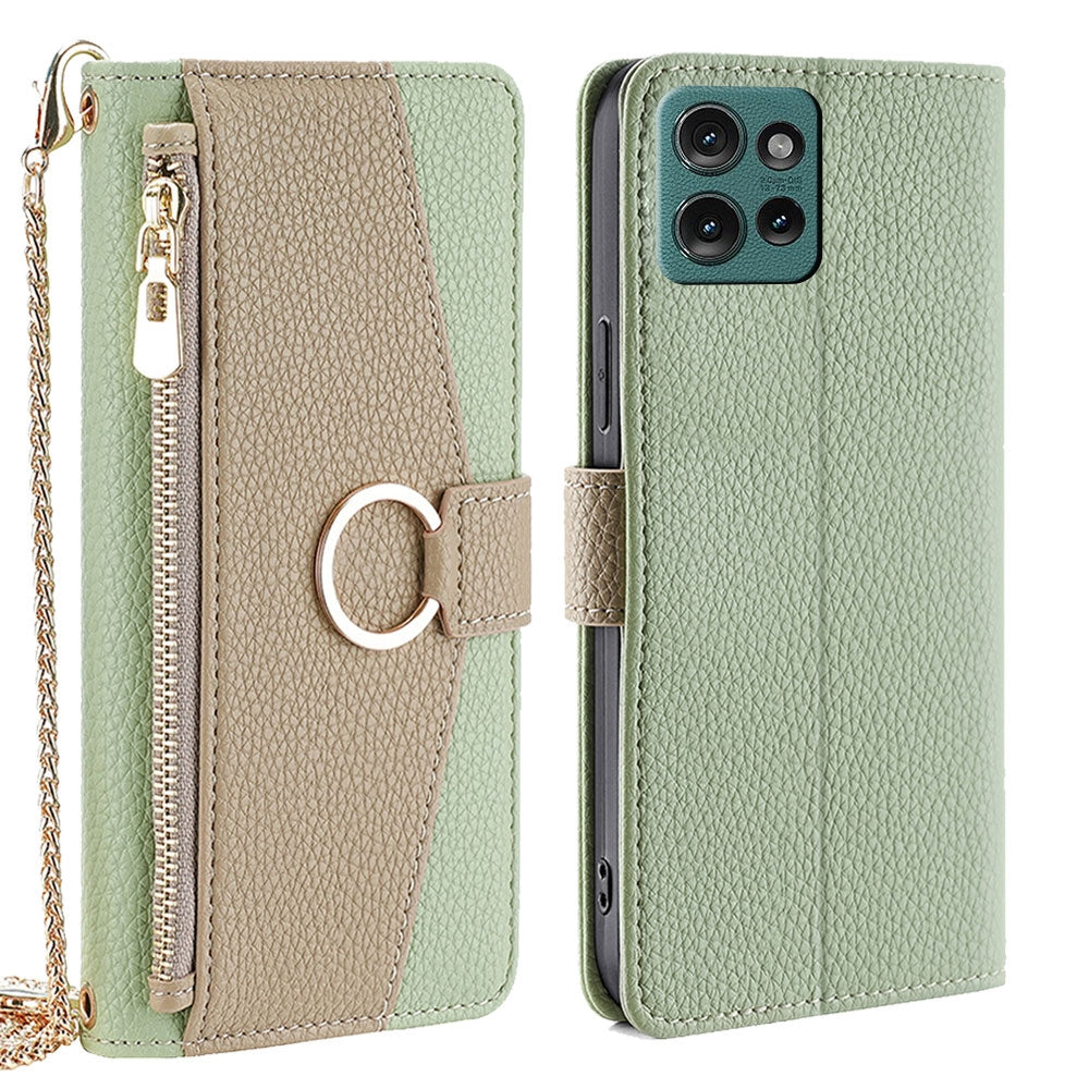 Motorola Edge 50 5G Crossbody Phone Case with Litchi Texture Leather, Adjustable Kickstand, Card Slots, Zipper Purse, Makeup Mirror, and TPU Protection