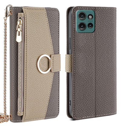 Motorola Edge 50 5G Crossbody Phone Case with Litchi Texture Leather, Adjustable Kickstand, Card Slots, Zipper Purse, Makeup Mirror, and TPU Protection