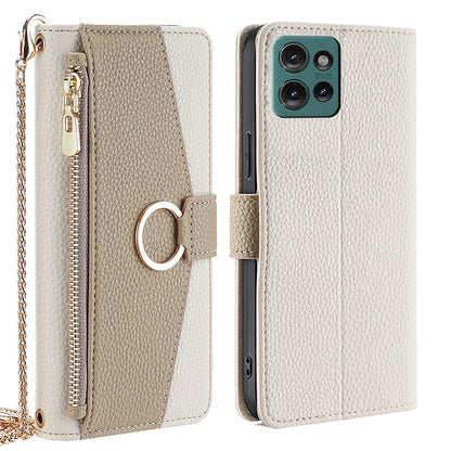 Motorola Edge 50 5G Crossbody Phone Case with Litchi Texture Leather, Adjustable Kickstand, Card Slots, Zipper Purse, Makeup Mirror, and TPU Protection
