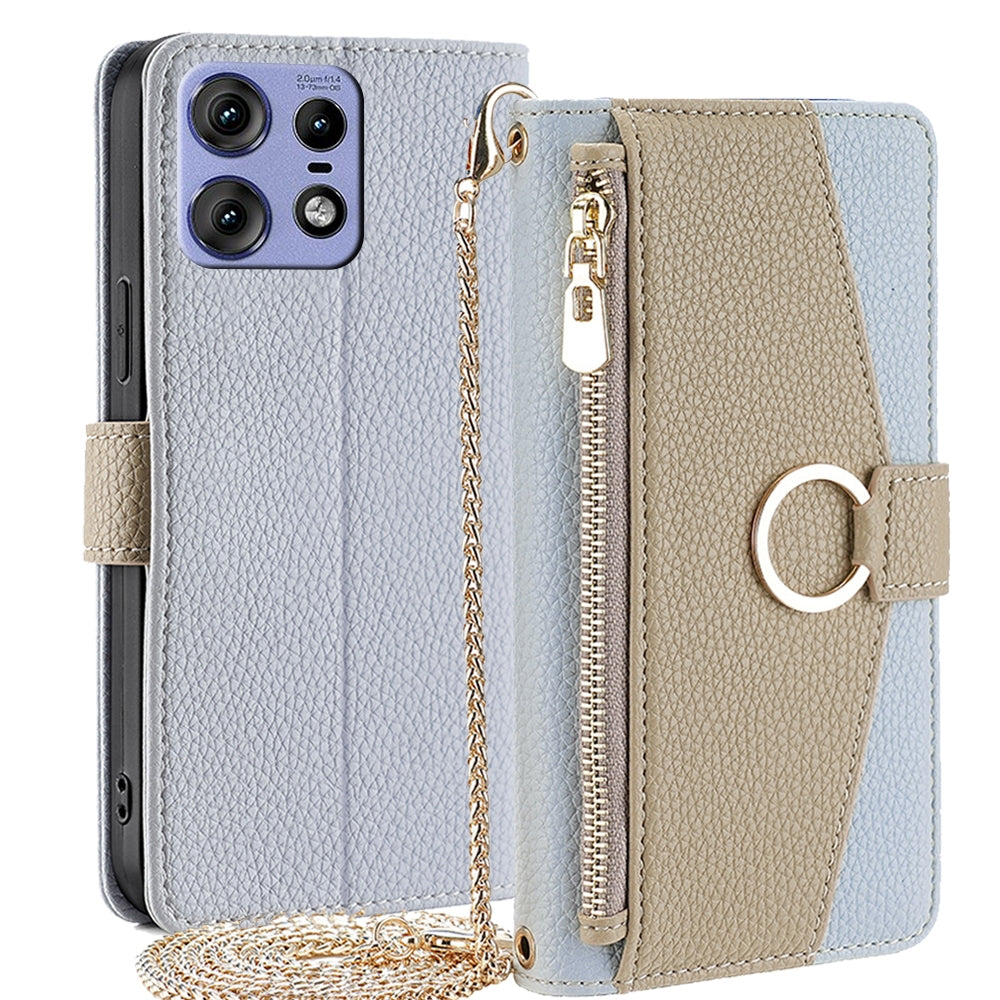 Motorola Edge 50 Pro 5G Crossbody Phone Case with Litchi Texture Leather, Adjustable Kickstand, Card Slots, Zipper Purse, Makeup Mirror, and TPU Protection