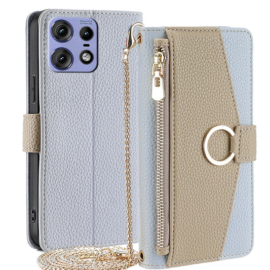Motorola Edge 50 Pro 5G Crossbody Phone Case with Litchi Texture Leather, Adjustable Kickstand, Card Slots, Zipper Purse, Makeup Mirror, and TPU Protection