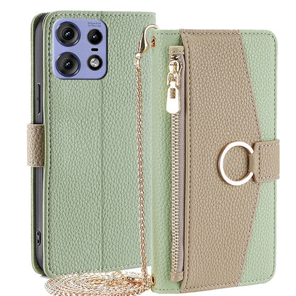 Motorola Edge 50 Pro 5G Crossbody Phone Case with Litchi Texture Leather, Adjustable Kickstand, Card Slots, Zipper Purse, Makeup Mirror, and TPU Protection