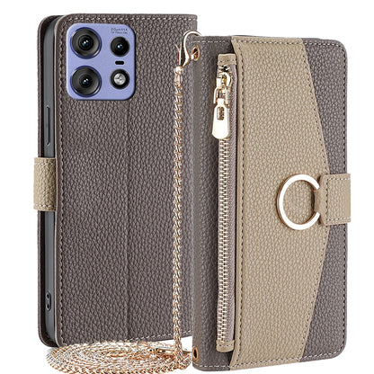 Motorola Edge 50 Pro 5G Crossbody Phone Case with Litchi Texture Leather, Adjustable Kickstand, Card Slots, Zipper Purse, Makeup Mirror, and TPU Protection