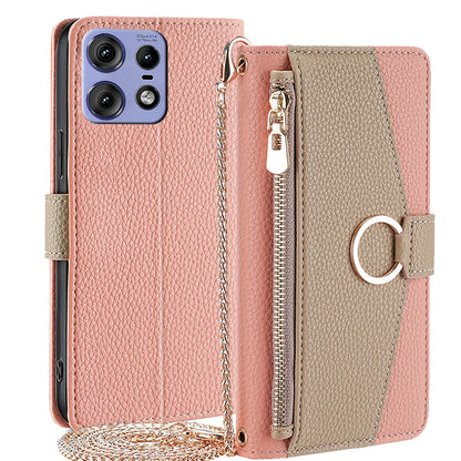 Motorola Edge 50 Pro 5G Crossbody Phone Case with Litchi Texture Leather, Adjustable Kickstand, Card Slots, Zipper Purse, Makeup Mirror, and TPU Protection