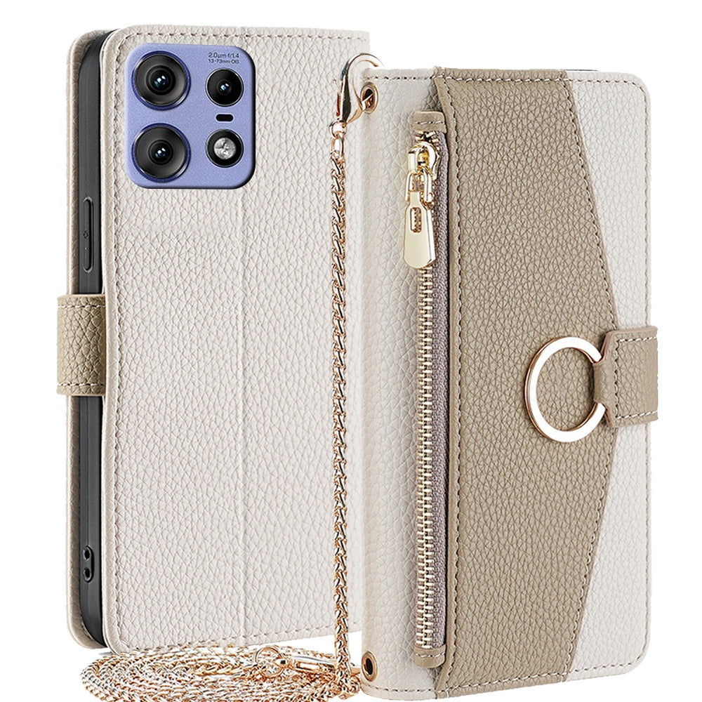 Motorola Edge 50 Pro 5G Crossbody Phone Case with Litchi Texture Leather, Adjustable Kickstand, Card Slots, Zipper Purse, Makeup Mirror, and TPU Protection