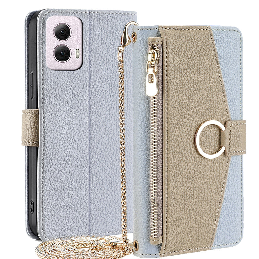 Motorola Moto G Power 5G 2024 Crossbody Phone Case with Litchi Texture Leather, Adjustable Kickstand, Card Slots, Zipper Purse, Makeup Mirror, and TPU Protection