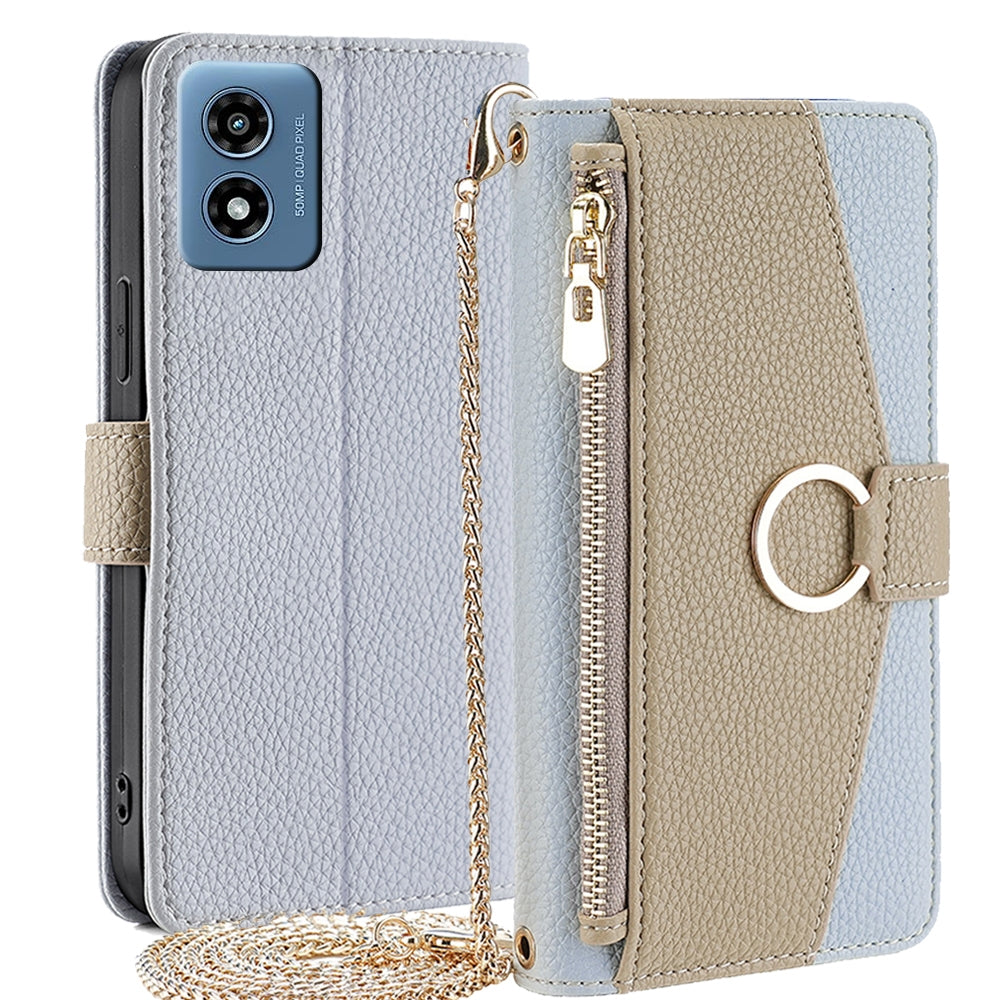Motorola Moto G 5G 2024 Crossbody Phone Case with Litchi Texture Leather, Adjustable Kickstand, Card Slots, Zipper Purse, Makeup Mirror, and TPU Protection