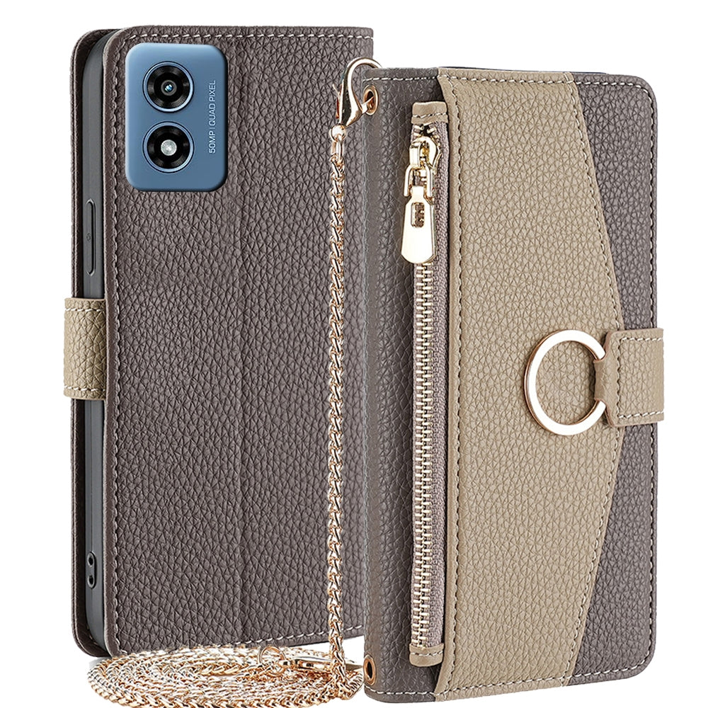 Motorola Moto G 5G 2024 Crossbody Phone Case with Litchi Texture Leather, Adjustable Kickstand, Card Slots, Zipper Purse, Makeup Mirror, and TPU Protection
