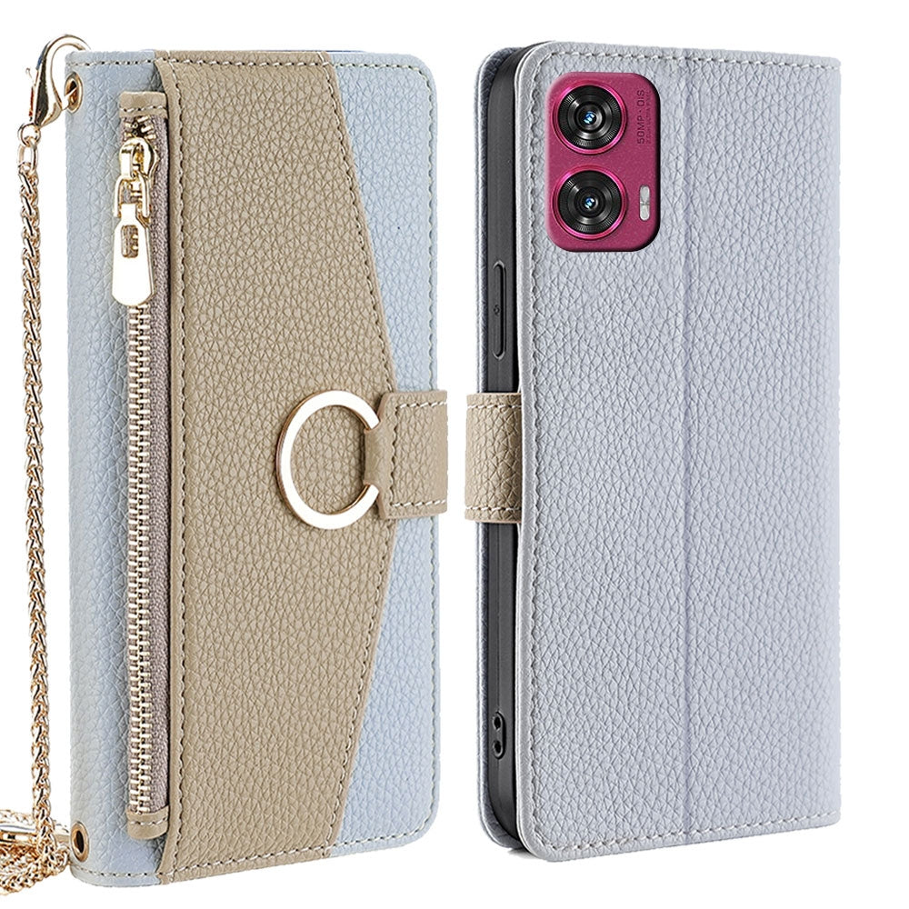 Motorola Edge 50 Fusion 5G Crossbody Phone Case with Litchi Texture Leather, Adjustable Kickstand, Card Slots, Zipper Purse, Makeup Mirror, and TPU Protection